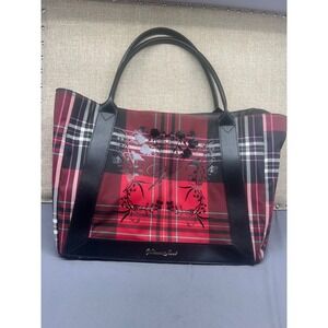 Victoria's Secret Red Plaid Tote Bag Black Trim Floral Graphic Large Carryall